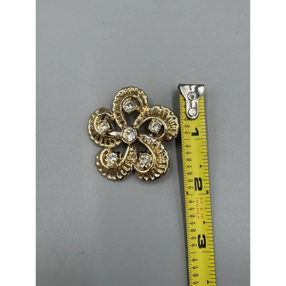 Vintage‎ Gold Colored Flower Twisted Petals Clear Rhinestones Lapel Pin Brooch